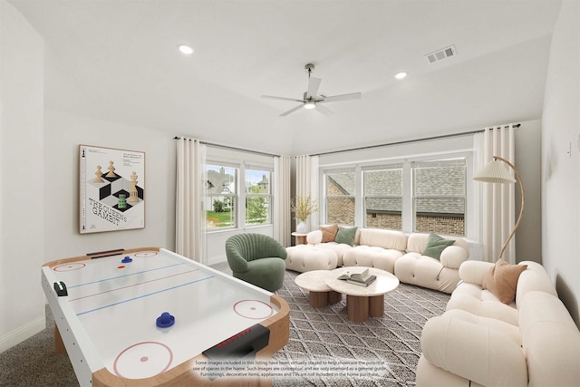 4217 Bel Air Dr, Midlothian, TX 76065 - playroom with a ceiling fan, baseboards, carpet, and recessed lighting