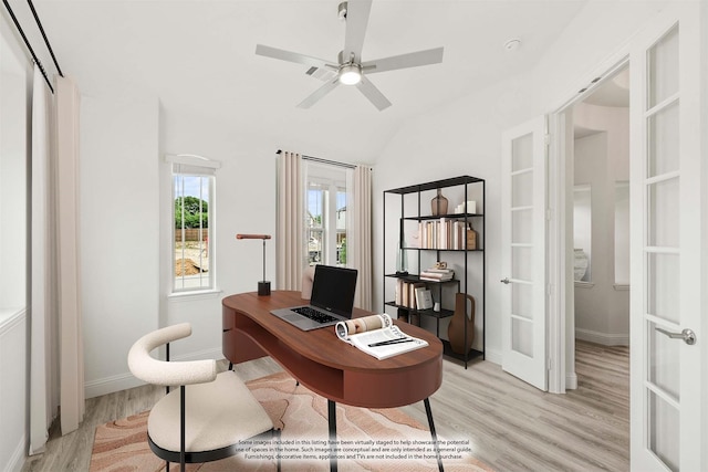 4217 Bel Air Dr, Midlothian, TX 76065 - home office featuring french doors, light wood-type flooring, a ceiling fan, baseboards, and vaulted ceiling