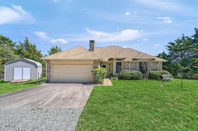 ranch-style house with a shed, driveway, an attached garage, a chimney, and a front lawn