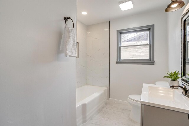 1036 Springer Ave, Fort Worth, TX 76114 - bathroom with vanity, toilet, marble look tile flooring, bathing tub / shower combination, and baseboards