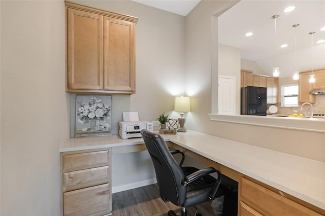 3954 Brangus Dr, Mckinney, TX 75071 - home office with recessed lighting, dark wood-style flooring, built in study area, and a sink
