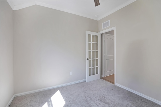 3954 Brangus Dr, Mckinney, TX 75071 - carpeted spare room with crown molding, a ceiling fan, visible vents, and baseboards