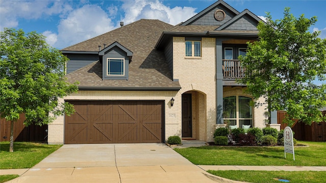 view of front facade with a front lawn, brick siding, roof with shingles, and a balcony