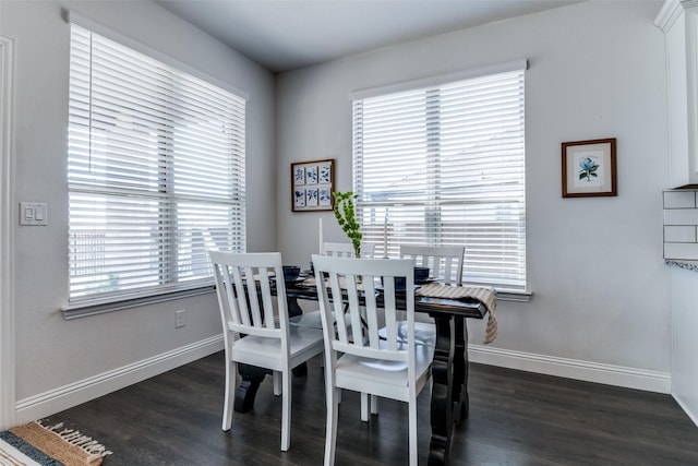 dining room featuring dark wood-type flooring and baseboards