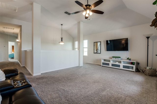 living area featuring attic access, ceiling fan, lofted ceiling, and visible vents