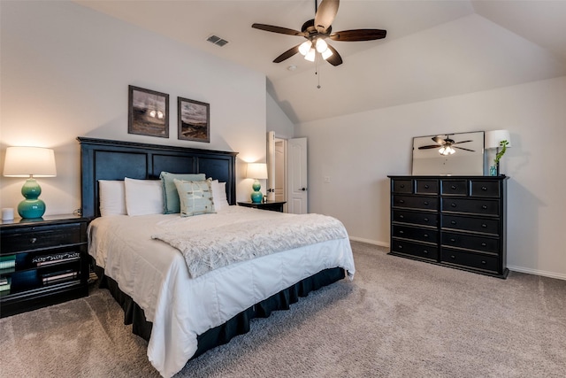 bedroom featuring baseboards, vaulted ceiling, visible vents, and carpet floors