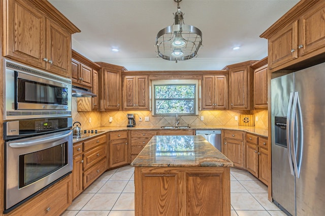 10471 Holly Creek Rd, Poetry, TX 75160 - kitchen with a sink, stainless steel appliances, dark stone counters, brown cabinetry, and light tile patterned floors
