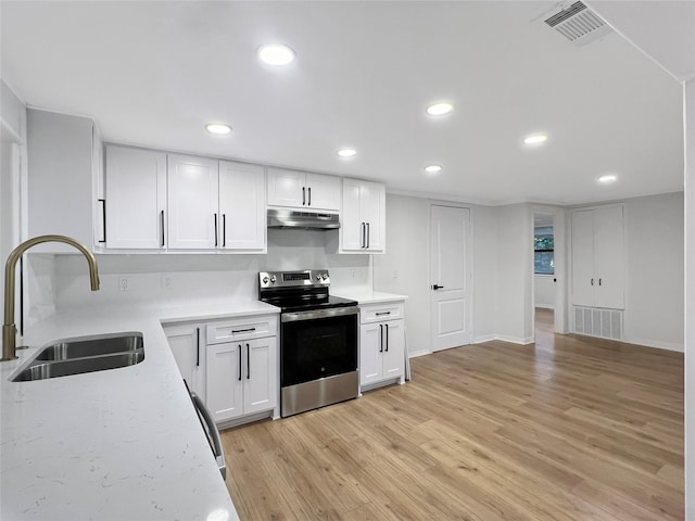 kitchen with a sink, stainless steel range with electric cooktop, light wood-type flooring, visible vents, and under cabinet range hood