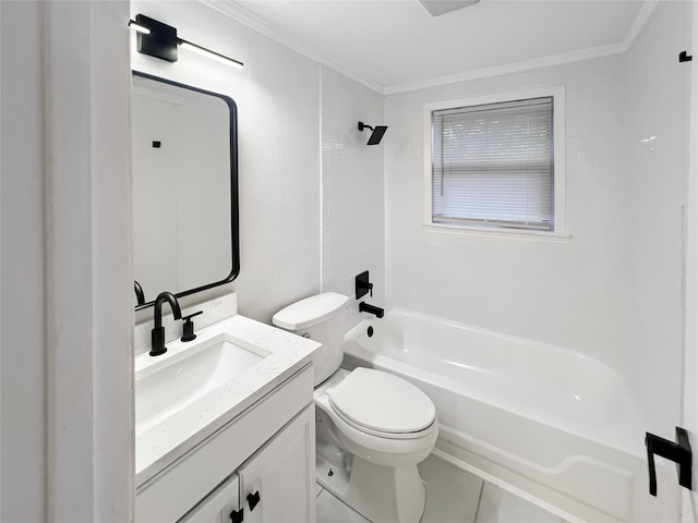 full bath with toilet, crown molding, vanity, and  shower combination
