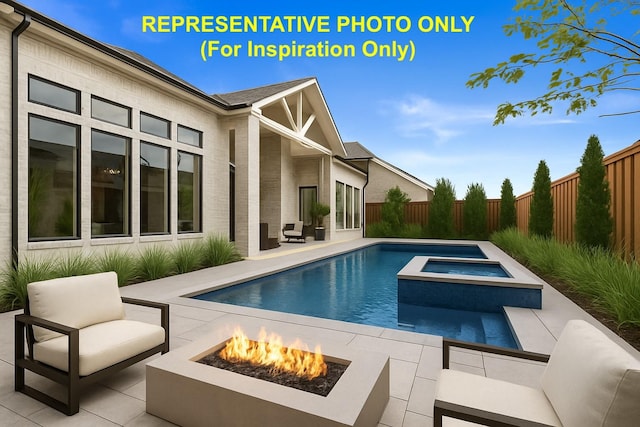 1733 Cousins Trl, Frisco, TX 75034 - view of pool with a patio area, a fenced backyard, an outdoor living space with a fire pit, and a pool with connected hot tub