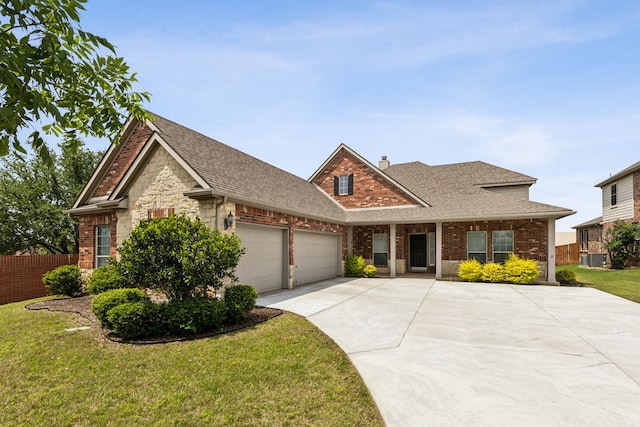 9601 Delmonico Dr, Fort Worth, TX 76244 - view of front of house with a garage, concrete driveway, roof with shingles, brick siding, and a chimney