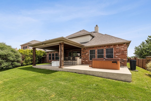 9601 Delmonico Dr, Fort Worth, TX 76244 - back of house featuring a patio area, a hot tub, roof with shingles, brick siding, and a chimney