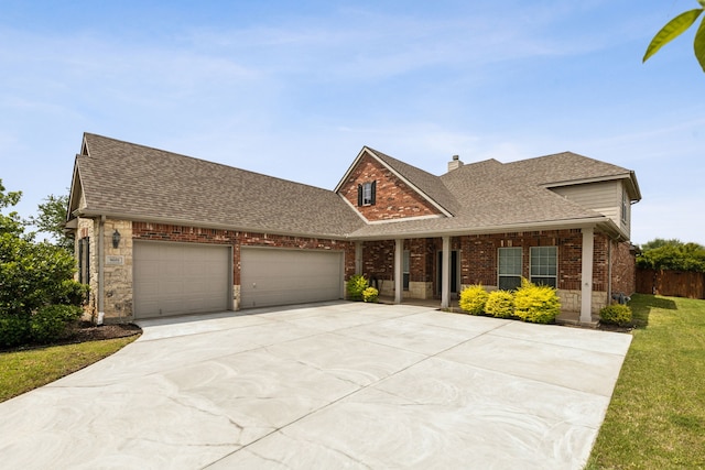 9601 Delmonico Dr, Fort Worth, TX 76244 - view of front of property with a shingled roof, a garage, driveway, brick siding, and a chimney