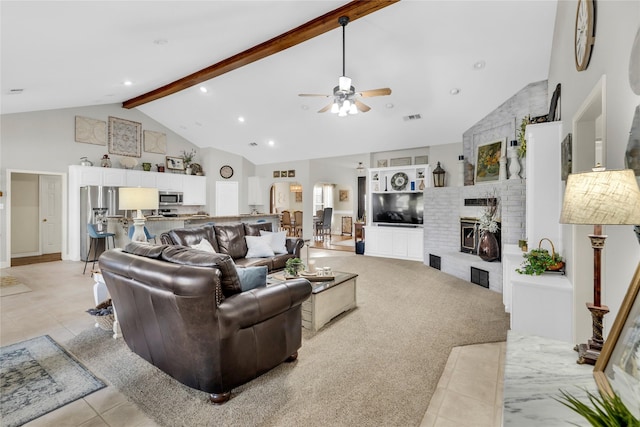 4933 County Road 340, Mckinney, TX 75071 - living area featuring light tile patterned flooring, high vaulted ceiling, beam ceiling, a ceiling fan, and visible vents