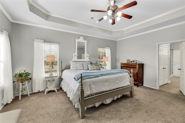 4933 County Road 340, Mckinney, TX 75071 - carpeted bedroom featuring a tray ceiling, visible vents, crown molding, and a ceiling fan