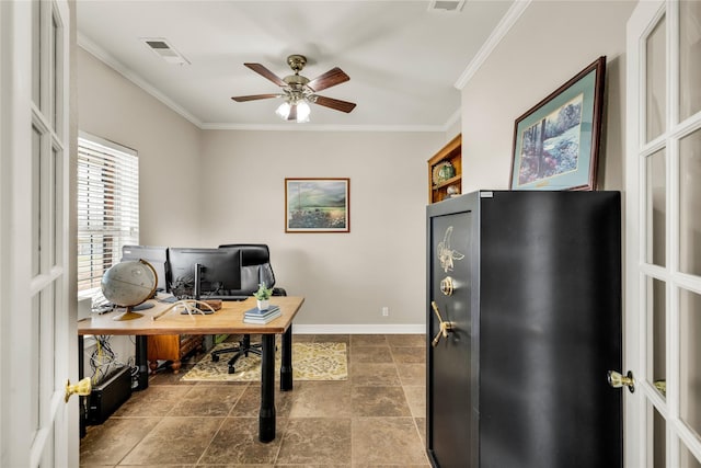 4933 County Road 340, Mckinney, TX 75071 - home office with baseboards, ornamental molding, visible vents, and a ceiling fan