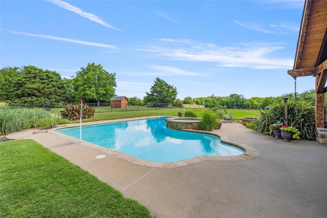 4933 County Road 340, Mckinney, TX 75071 - view of pool featuring fence, a pool with connected hot tub, an outdoor structure, a yard, and a patio area