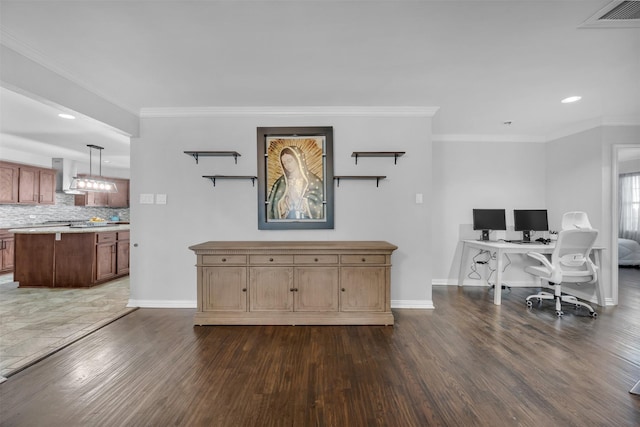 1607 Brandon St, Dallas, TX 75208 - home office featuring dark wood-style floors, recessed lighting, and crown molding