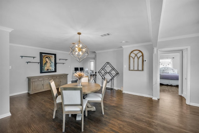 1607 Brandon St, Dallas, TX 75208 - dining area with dark wood finished floors, a chandelier, and crown molding