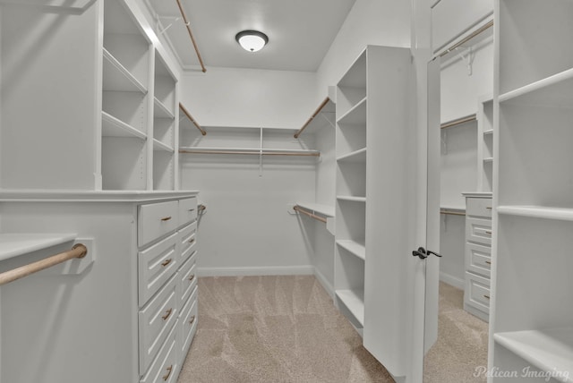 walk in closet with light colored carpet