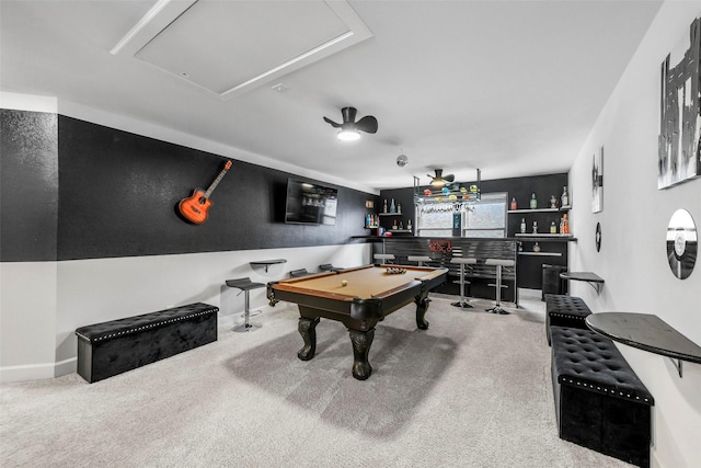 7436 Whisterwheel Way, Fort Worth, TX 76123 - recreation room featuring pool table, attic access, carpet, and a bar
