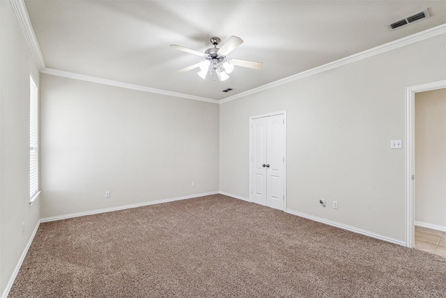 3104 Rim Rock Ct, Granbury, TX 76049 - empty room featuring crown molding, a ceiling fan, visible vents, and light carpet