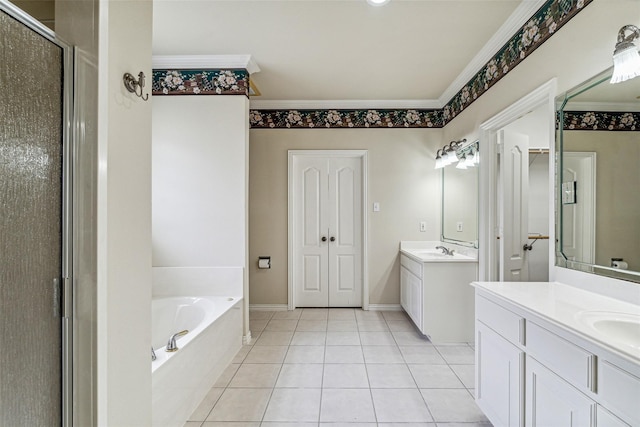 3104 Rim Rock Ct, Granbury, TX 76049 - full bathroom with tile patterned floors, a bath, a stall shower, and ornamental molding