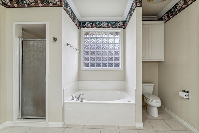 3104 Rim Rock Ct, Granbury, TX 76049 - bathroom with tile patterned floors, toilet, a shower stall, crown molding, and a bath