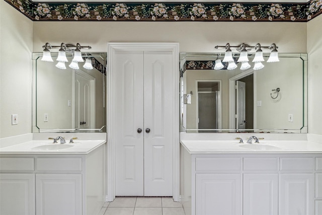 3104 Rim Rock Ct, Granbury, TX 76049 - full bathroom featuring tile patterned flooring, a shower stall, two vanities, and a sink