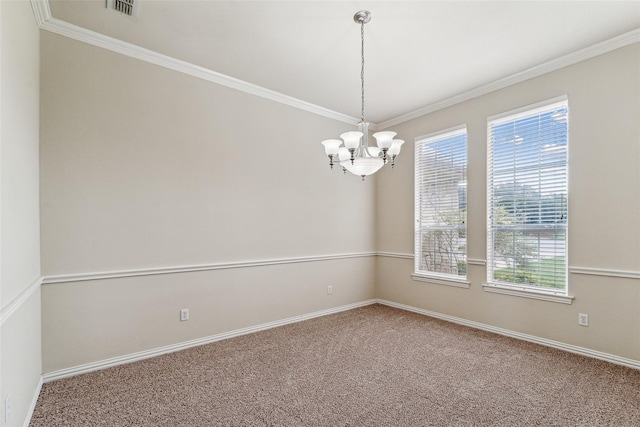 3104 Rim Rock Ct, Granbury, TX 76049 - carpeted empty room with a wealth of natural light, visible vents, a notable chandelier, and crown molding