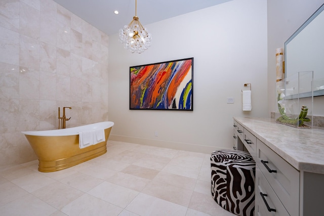1230 Oak View Ct, Oak Point, TX 75068 - full bath featuring a soaking tub, a chandelier, vanity, recessed lighting, and tile patterned flooring