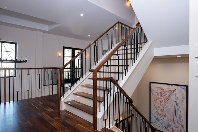 1230 Oak View Ct, Oak Point, TX 75068 - staircase with wood finished floors, plenty of natural light, recessed lighting, and a chandelier