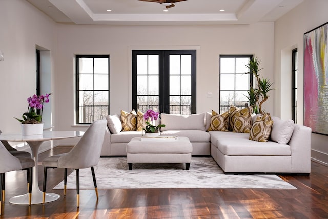 1230 Oak View Ct, Oak Point, TX 75068 - living room with a tray ceiling, wood finished floors, and recessed lighting