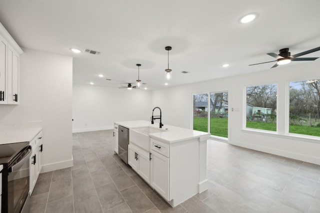 kitchen featuring ceiling fan, a sink, dishwasher, black range with electric cooktop, and recessed lighting
