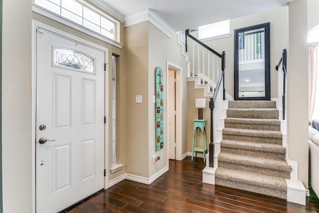 227 Moss Hill Rd, Irving, TX 75063 - foyer entrance with dark wood finished floors, stairway, crown molding, and baseboards