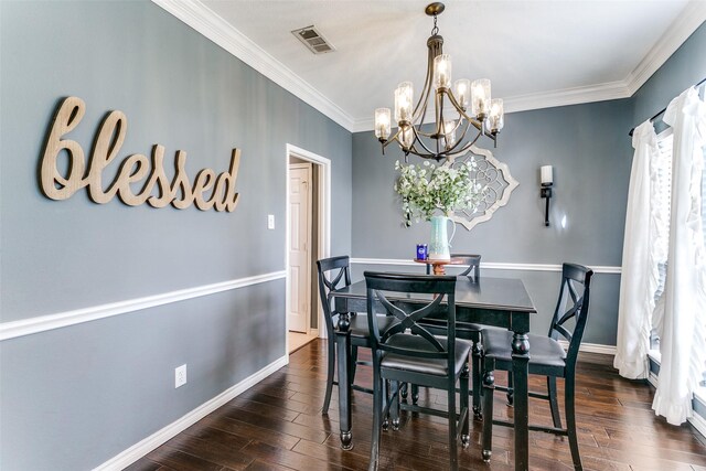 227 Moss Hill Rd, Irving, TX 75063 - dining room featuring a chandelier, dark wood finished floors, ornamental molding, and baseboards