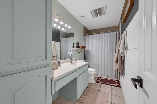 bathroom featuring vanity, tile patterned floors, toilet, and visible vents