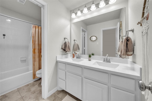 846 Underwood Ln, Celina, TX 75009 - full bath featuring tile patterned flooring, double vanity, toilet, and shower / bathtub combination with curtain