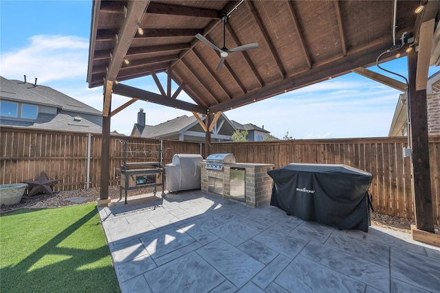 846 Underwood Ln, Celina, TX 75009 - fenced backyard with ceiling fan, a gazebo, and a patio