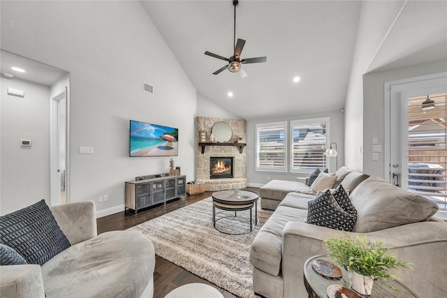 846 Underwood Ln, Celina, TX 75009 - living area with baseboards, a ceiling fan, dark wood finished floors, high vaulted ceiling, and healthy amount of natural light
