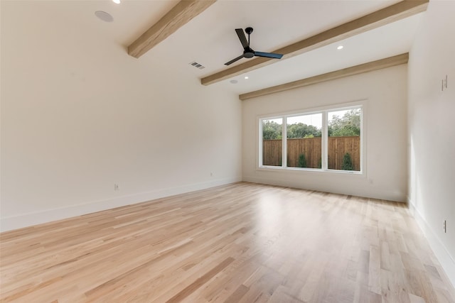 10519 Somerton Dr, Dallas, TX 75229 - empty room featuring ceiling fan, visible vents, baseboards, beamed ceiling, and light wood-style flooring
