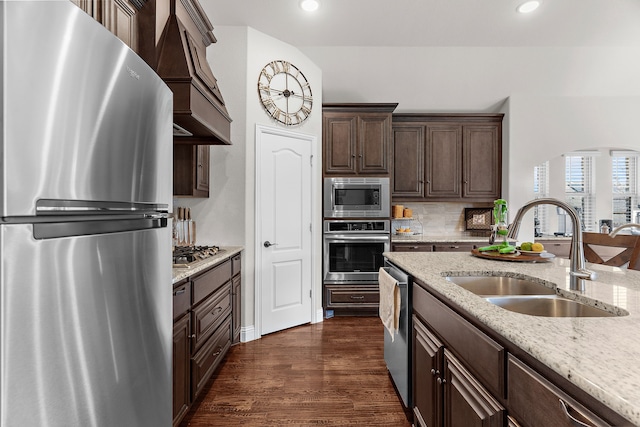 1229 Bridgeport Dr, Anna, TX 75409 - kitchen featuring stainless steel appliances, a sink, custom range hood, dark brown cabinets, and dark wood-style flooring