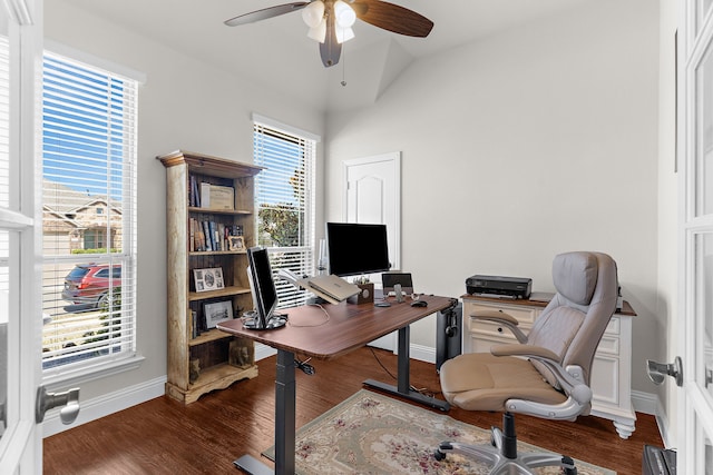 1229 Bridgeport Dr, Anna, TX 75409 - office space with a ceiling fan, baseboards, wood finished floors, and lofted ceiling