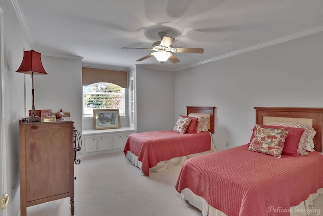 bedroom with ceiling fan, light colored carpet, and ornamental molding