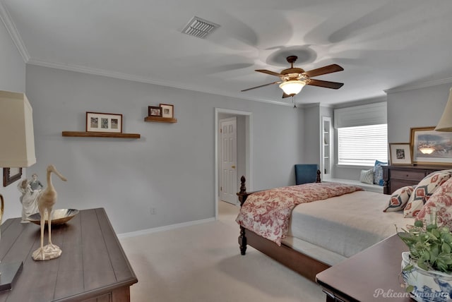 bedroom featuring baseboards, visible vents, carpet floors, ceiling fan, and ornamental molding