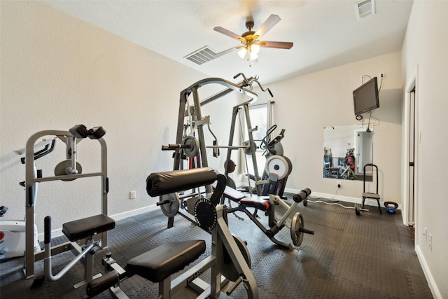 exercise room featuring visible vents, baseboards, and a ceiling fan