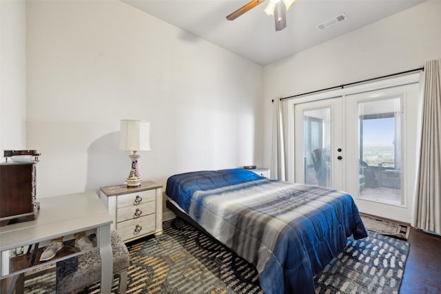 bedroom with a ceiling fan, access to outside, french doors, and visible vents