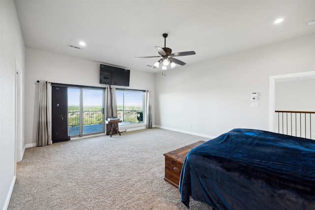 carpeted bedroom with visible vents, baseboards, recessed lighting, a ceiling fan, and access to outside