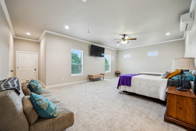 carpeted bedroom with baseboards, ornamental molding, recessed lighting, a wall mounted AC, and a ceiling fan