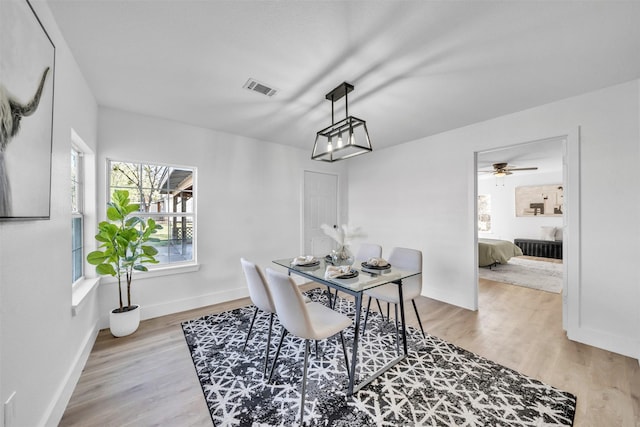 dining space featuring visible vents, a ceiling fan, baseboards, and wood finished floors